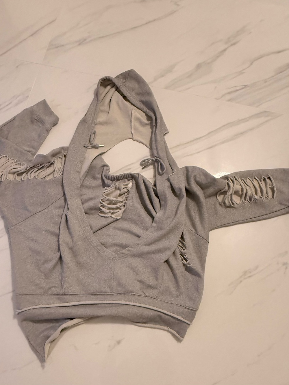 Akira Grey Sweatshirt Distressed Hooded Top XL Halter Off the Shoulder - Picture 10 of 13